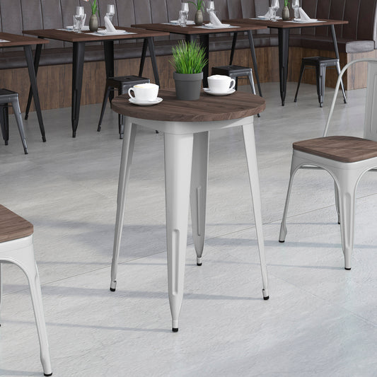 Webb 24" Round Silver Metal Indoor Table with Walnut Rustic Wood Top Silver CH-51080-29M1-SIL-GG