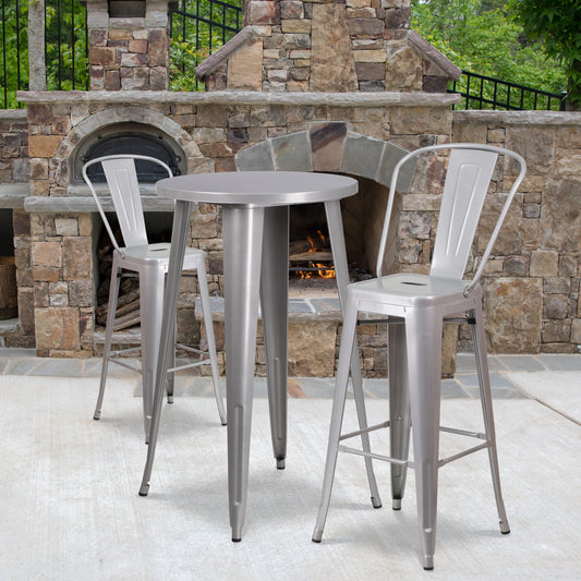 Nichols Commercial Grade 24" Round Silver Metal Indoor-Outdoor Bar Table Set with 2 Cafe Stools Silver CH-51080BH-2-30CAFE-SIL-GG