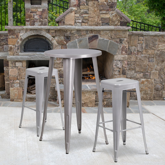 Douglas Commercial Grade 24" Round Silver Metal Indoor-Outdoor Bar Table Set with 2 Square Seat Backless Stools Silver CH-51080BH-2-30SQST-SIL-GG