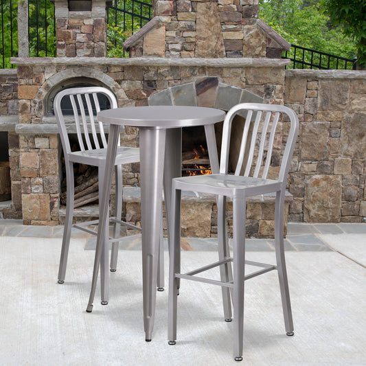 Earl Commercial Grade 24" Round Silver Metal Indoor-Outdoor Bar Table Set with 2 Vertical Slat Back Stools Silver CH-51080BH-2-30VRT-SIL-GG