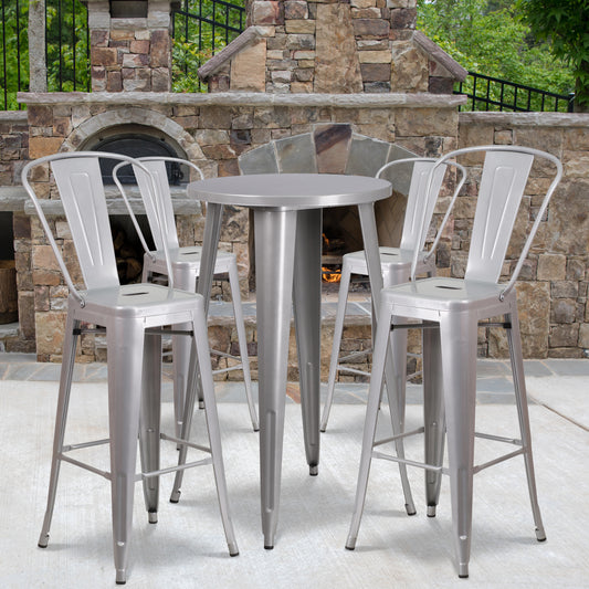 Dexter Commercial Grade 24" Round Silver Metal Indoor-Outdoor Bar Table Set with 4 Cafe Stools Silver CH-51080BH-4-30CAFE-SIL-GG