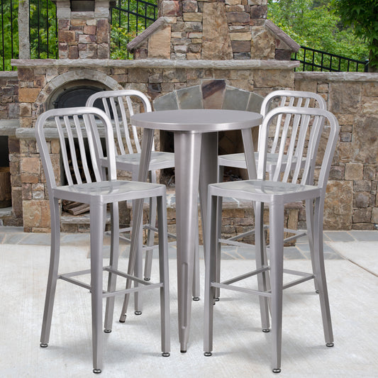 Richard Commercial Grade 24" Round Silver Metal Indoor-Outdoor Bar Table Set with 4 Vertical Slat Back Stools Silver CH-51080BH-4-30VRT-SIL-GG