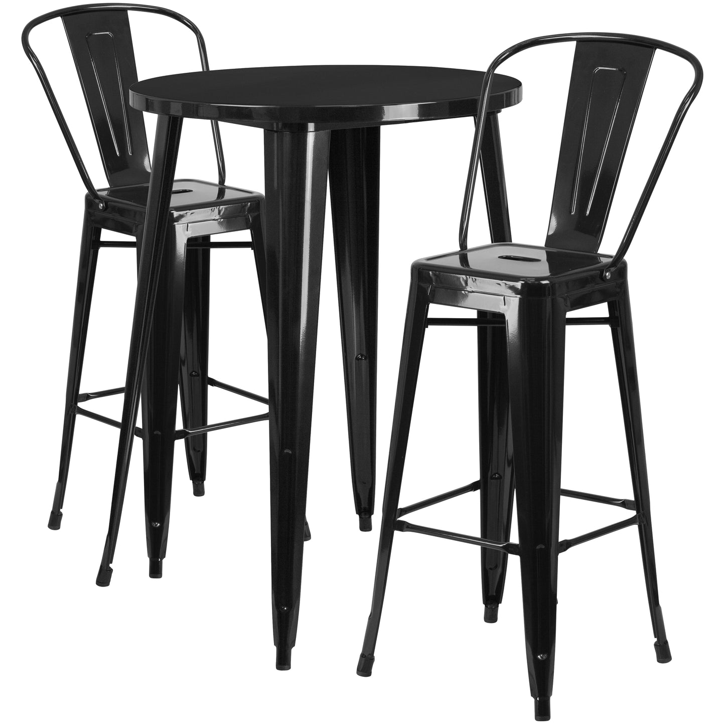 Caron Commercial Grade 30" Round Black Metal Indoor-Outdoor Bar Table Set with 2 Cafe Stools Black