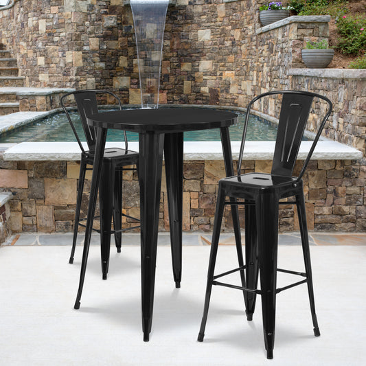 Caron Commercial Grade 30" Round Black Metal Indoor-Outdoor Bar Table Set with 2 Cafe Stools Black CH-51090BH-2-30CAFE-BK-GG