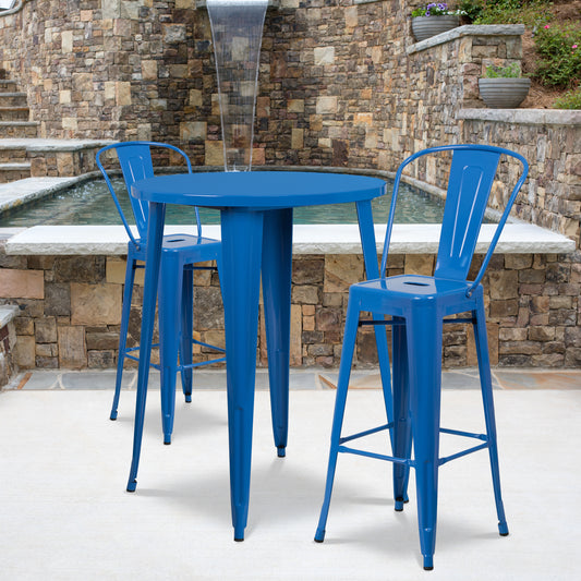 Caron Commercial Grade 30" Round Blue Metal Indoor-Outdoor Bar Table Set with 2 Cafe Stools Blue CH-51090BH-2-30CAFE-BL-GG