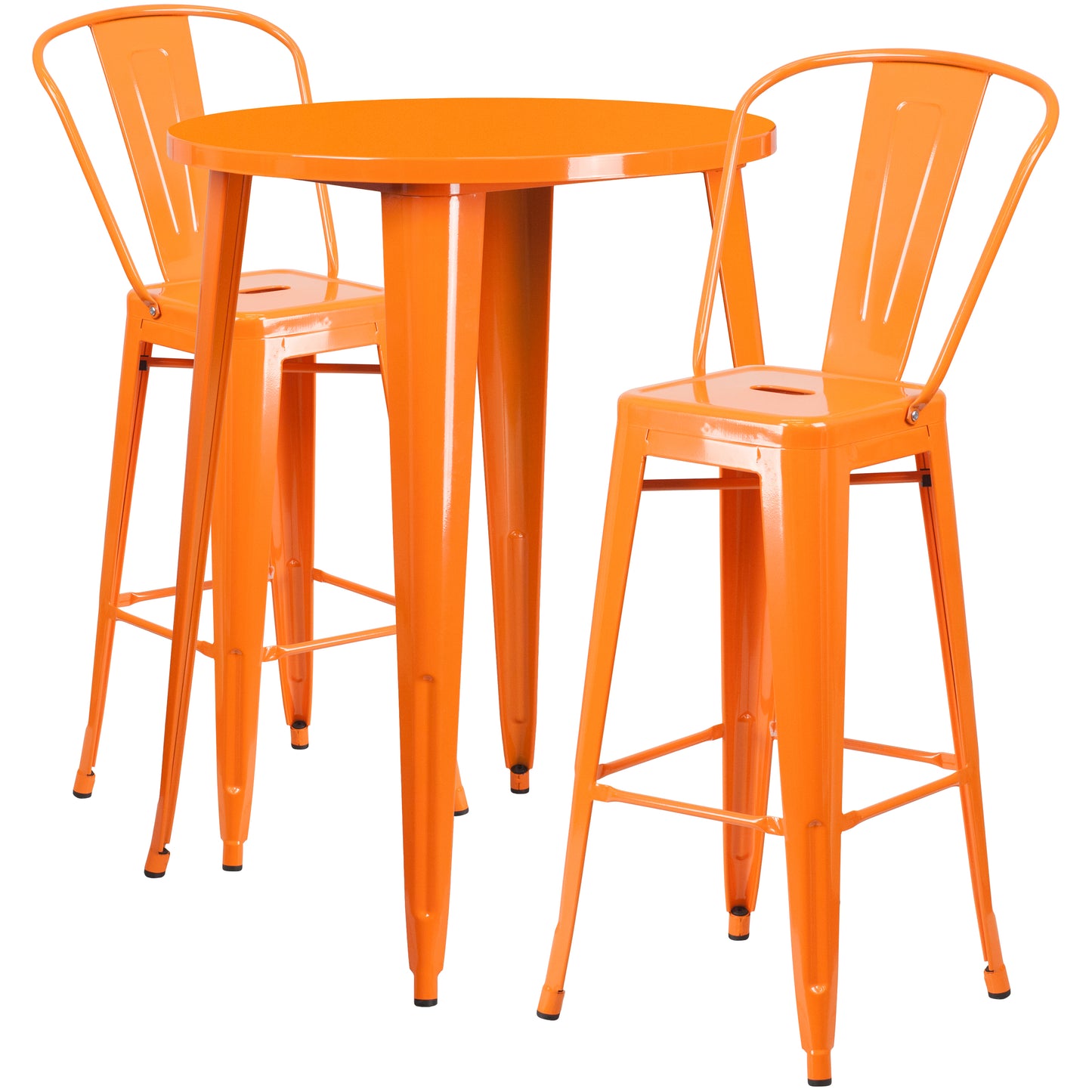 Caron Commercial Grade 30" Round Orange Metal Indoor-Outdoor Bar Table Set with 2 Cafe Stools Orange CH-51090BH-2-30CAFE-OR-GG