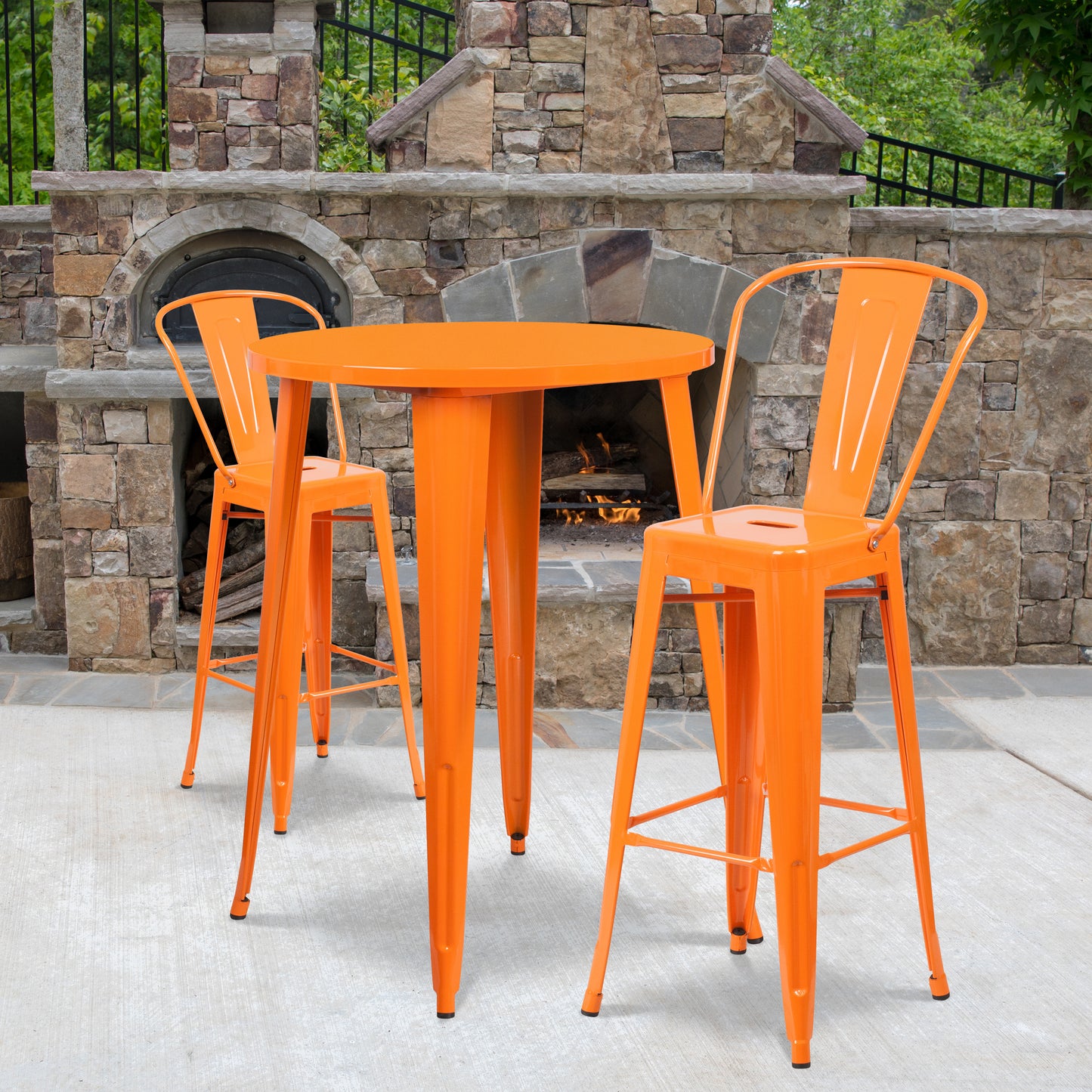Caron Commercial Grade 30" Round Orange Metal Indoor-Outdoor Bar Table Set with 2 Cafe Stools Orange CH-51090BH-2-30CAFE-OR-GG