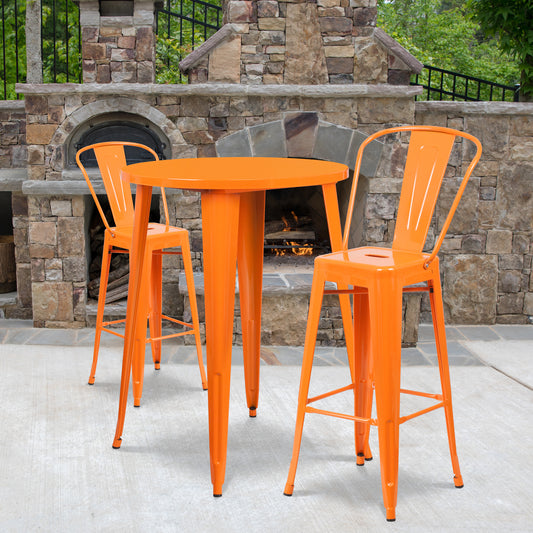 Caron Commercial Grade 30" Round Orange Metal Indoor-Outdoor Bar Table Set with 2 Cafe Stools Orange