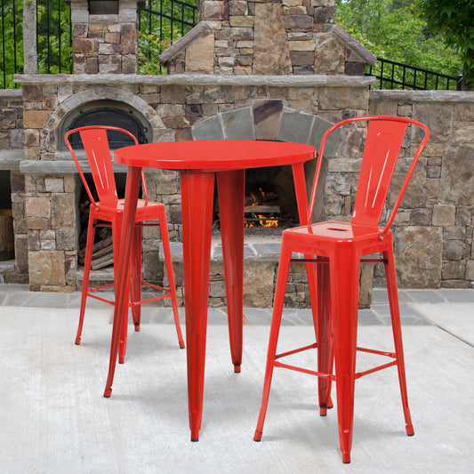 Caron Commercial Grade 30" Round Red Metal Indoor-Outdoor Bar Table Set with 2 Cafe Stools Red CH-51090BH-2-30CAFE-RED-GG