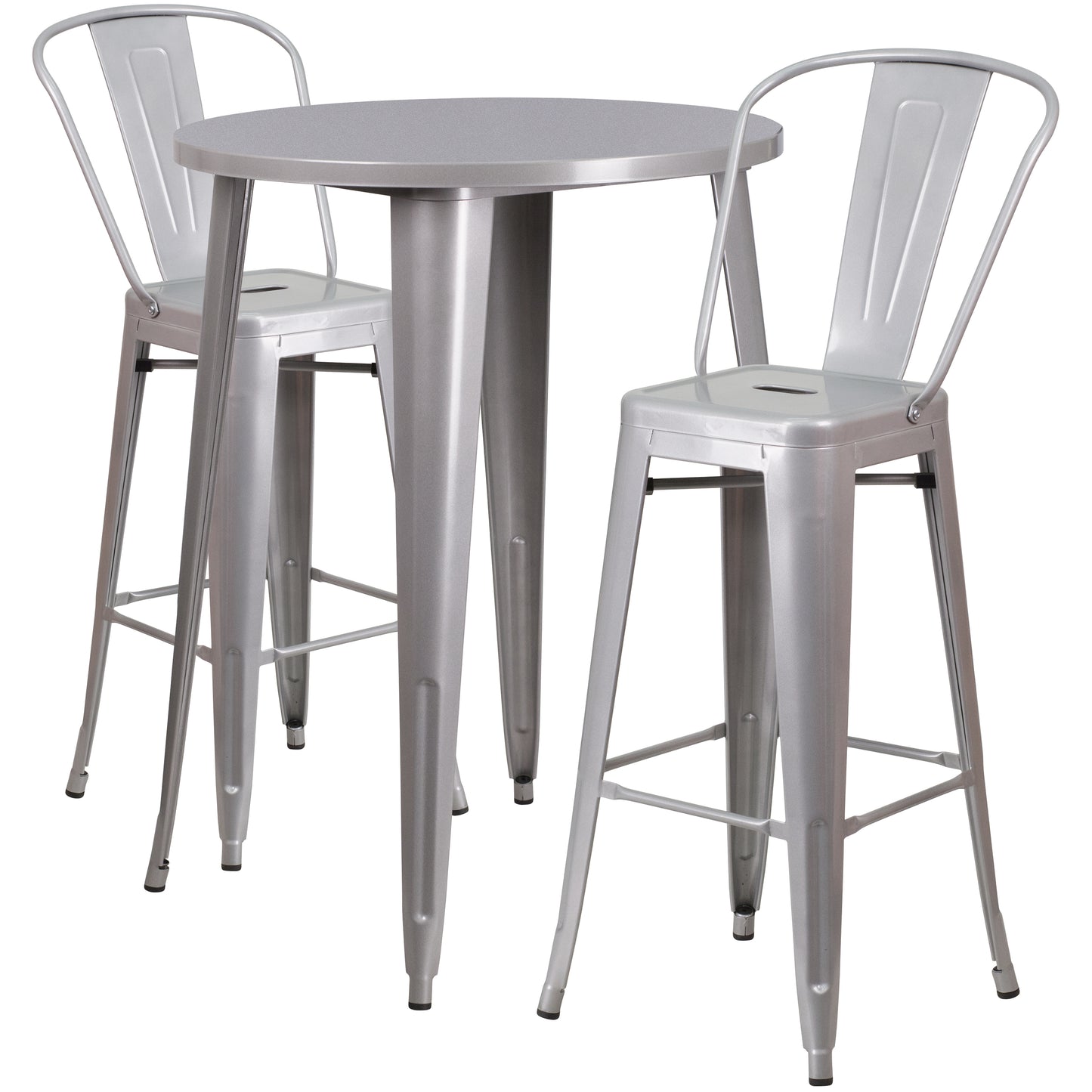 Caron Commercial Grade 30" Round Silver Metal Indoor-Outdoor Bar Table Set with 2 Cafe Stools Silver
