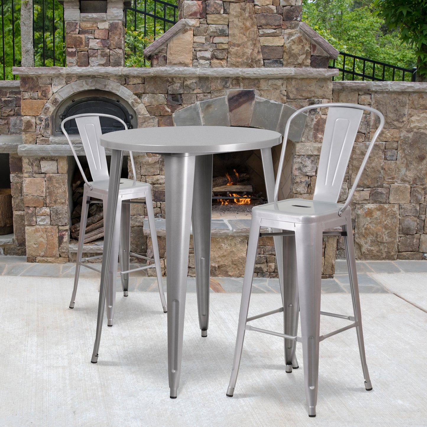 Caron Commercial Grade 30" Round Silver Metal Indoor-Outdoor Bar Table Set with 2 Cafe Stools Silver