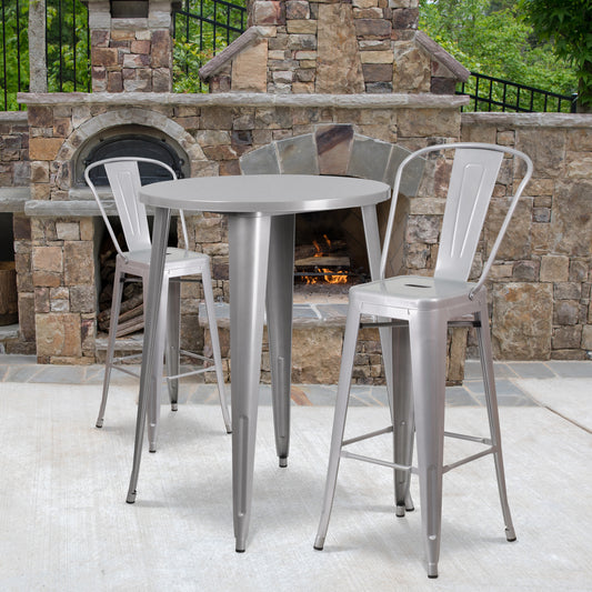 Caron Commercial Grade 30" Round Silver Metal Indoor-Outdoor Bar Table Set with 2 Cafe Stools Silver CH-51090BH-2-30CAFE-SIL-GG