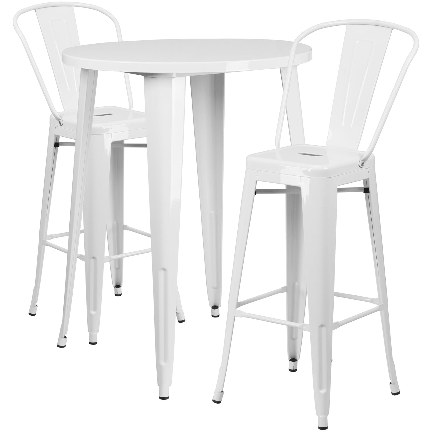 Caron Commercial Grade 30" Round White Metal Indoor-Outdoor Bar Table Set with 2 Cafe Stools White