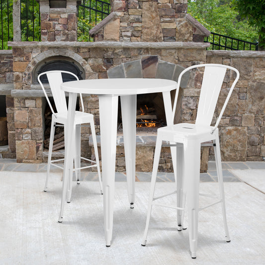 Caron Commercial Grade 30" Round White Metal Indoor-Outdoor Bar Table Set with 2 Cafe Stools White CH-51090BH-2-30CAFE-WH-GG