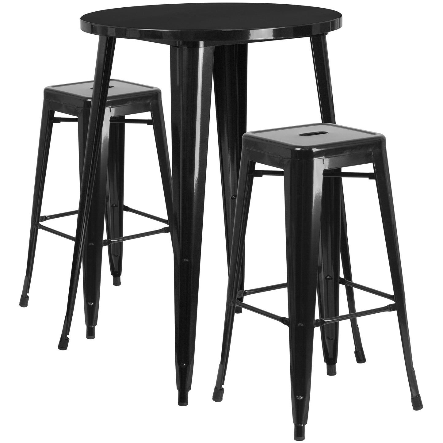 Boyd Commercial Grade 30" Round Black Metal Indoor-Outdoor Bar Table Set with 2 Square Seat Backless Stools Black
