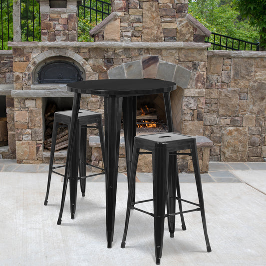 Boyd Commercial Grade 30" Round Black Metal Indoor-Outdoor Bar Table Set with 2 Square Seat Backless Stools Black CH-51090BH-2-30SQST-BK-GG