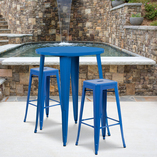 Boyd Commercial Grade 30" Round Blue Metal Indoor-Outdoor Bar Table Set with 2 Square Seat Backless Stools Blue CH-51090BH-2-30SQST-BL-GG