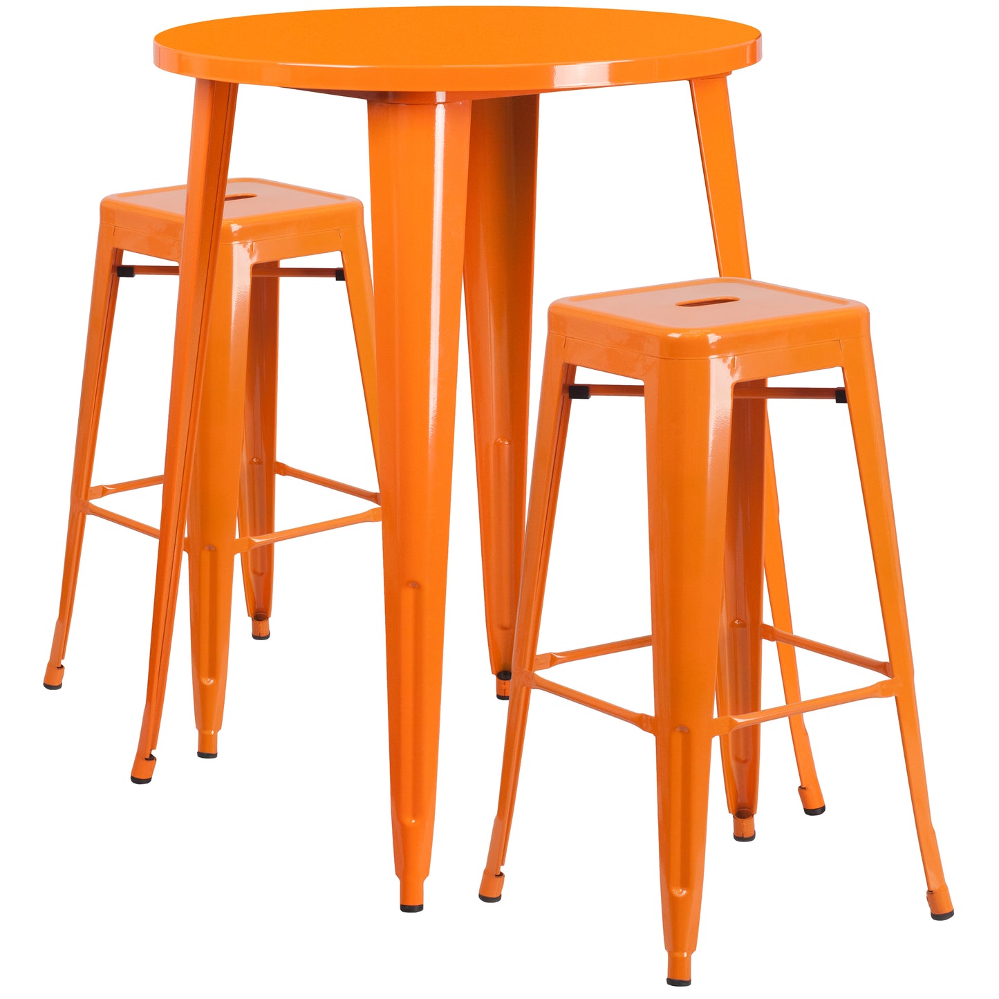 Boyd Commercial Grade 30" Round Orange Metal Indoor-Outdoor Bar Table Set with 2 Square Seat Backless Stools Orange CH-51090BH-2-30SQST-OR-GG