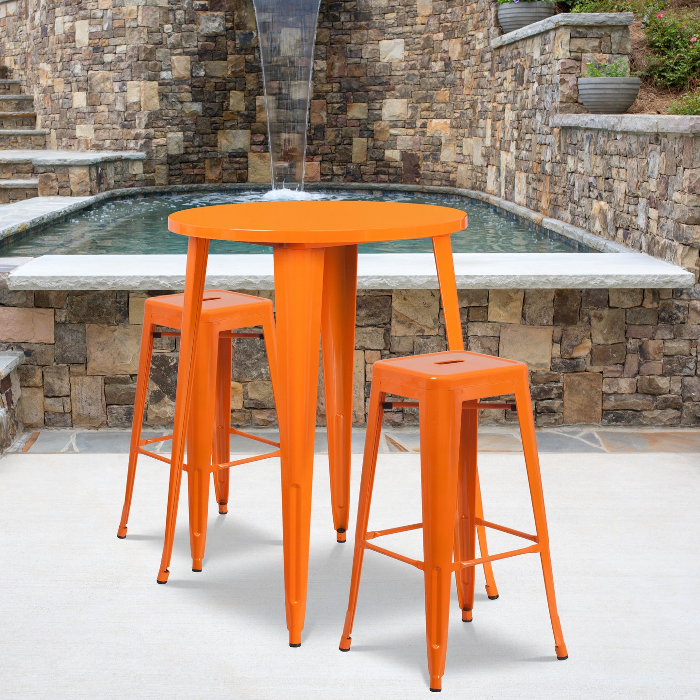 Boyd Commercial Grade 30" Round Orange Metal Indoor-Outdoor Bar Table Set with 2 Square Seat Backless Stools Orange CH-51090BH-2-30SQST-OR-GG