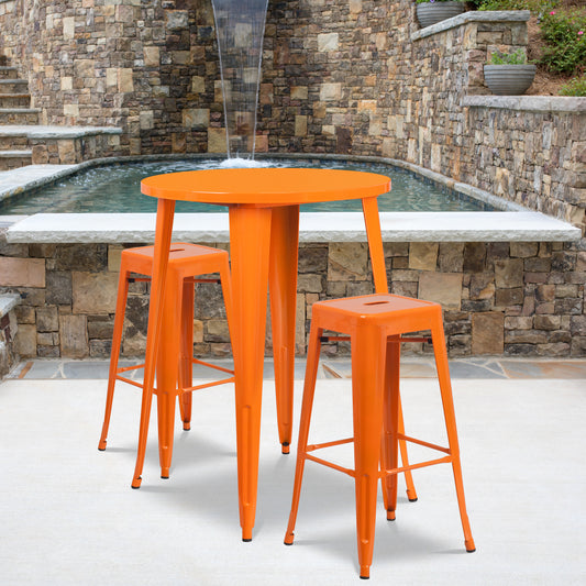 Boyd Commercial Grade 30" Round Orange Metal Indoor-Outdoor Bar Table Set with 2 Square Seat Backless Stools Orange