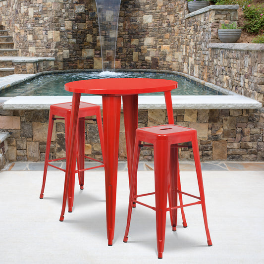 Boyd Commercial Grade 30" Round Red Metal Indoor-Outdoor Bar Table Set with 2 Square Seat Backless Stools Red CH-51090BH-2-30SQST-RED-GG