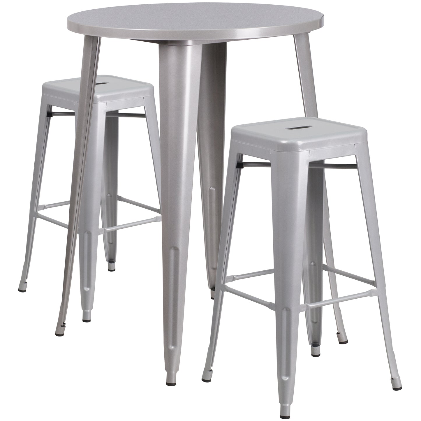 Boyd Commercial Grade 30" Round Silver Metal Indoor-Outdoor Bar Table Set with 2 Square Seat Backless Stools Silver