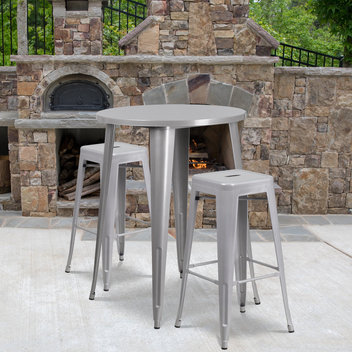 Boyd Commercial Grade 30" Round Silver Metal Indoor-Outdoor Bar Table Set with 2 Square Seat Backless Stools Silver