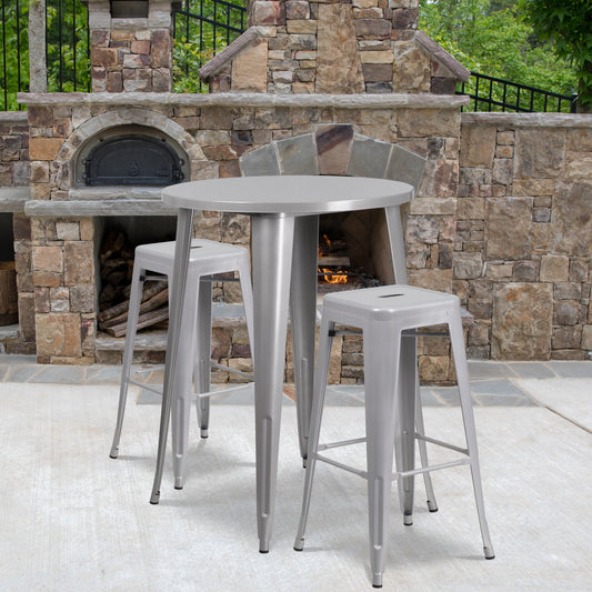 Boyd Commercial Grade 30" Round Silver Metal Indoor-Outdoor Bar Table Set with 2 Square Seat Backless Stools Silver CH-51090BH-2-30SQST-SIL-GG