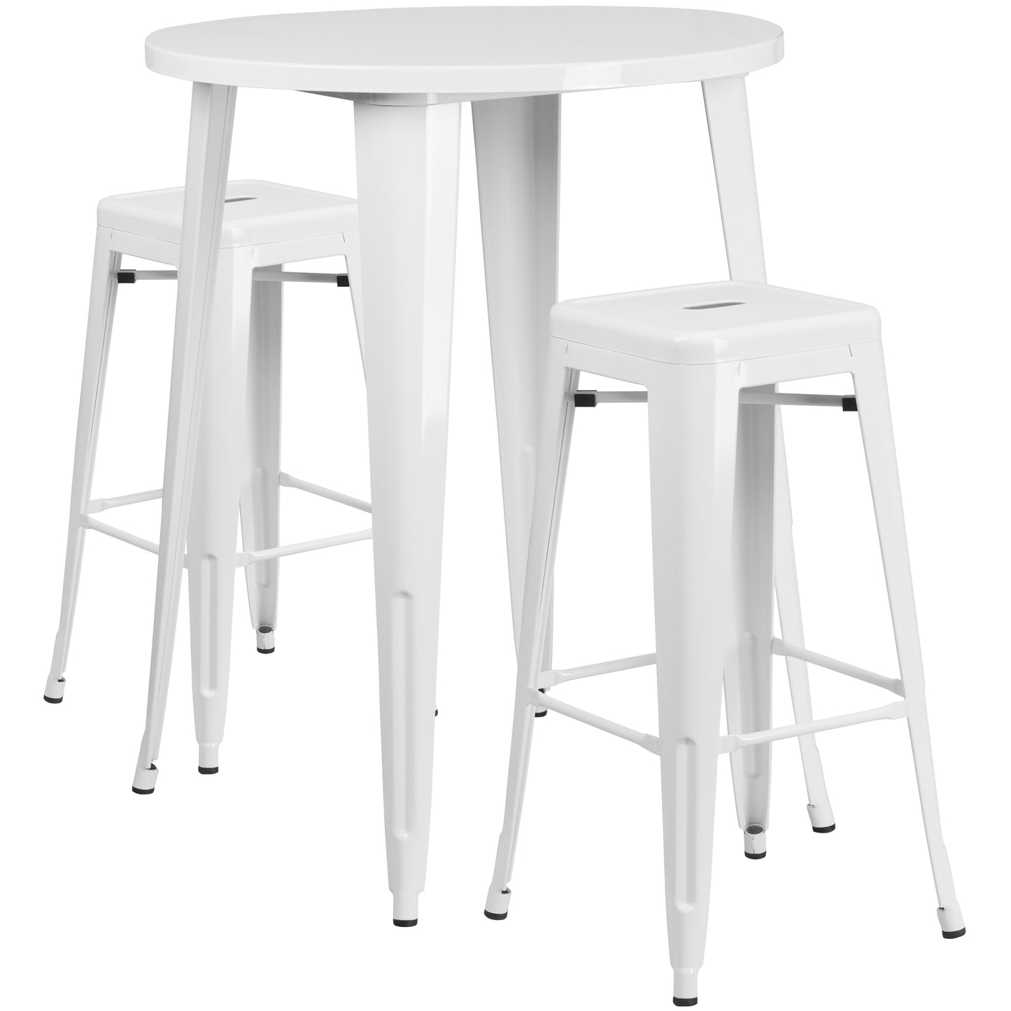 Boyd Commercial Grade 30" Round White Metal Indoor-Outdoor Bar Table Set with 2 Square Seat Backless Stools White
