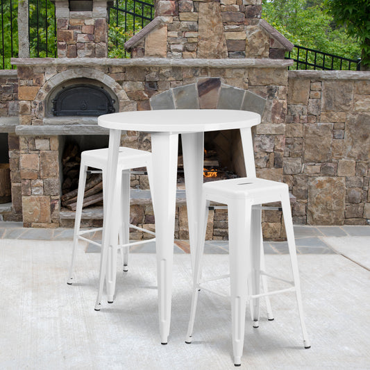 Boyd Commercial Grade 30" Round White Metal Indoor-Outdoor Bar Table Set with 2 Square Seat Backless Stools White CH-51090BH-2-30SQST-WH-GG