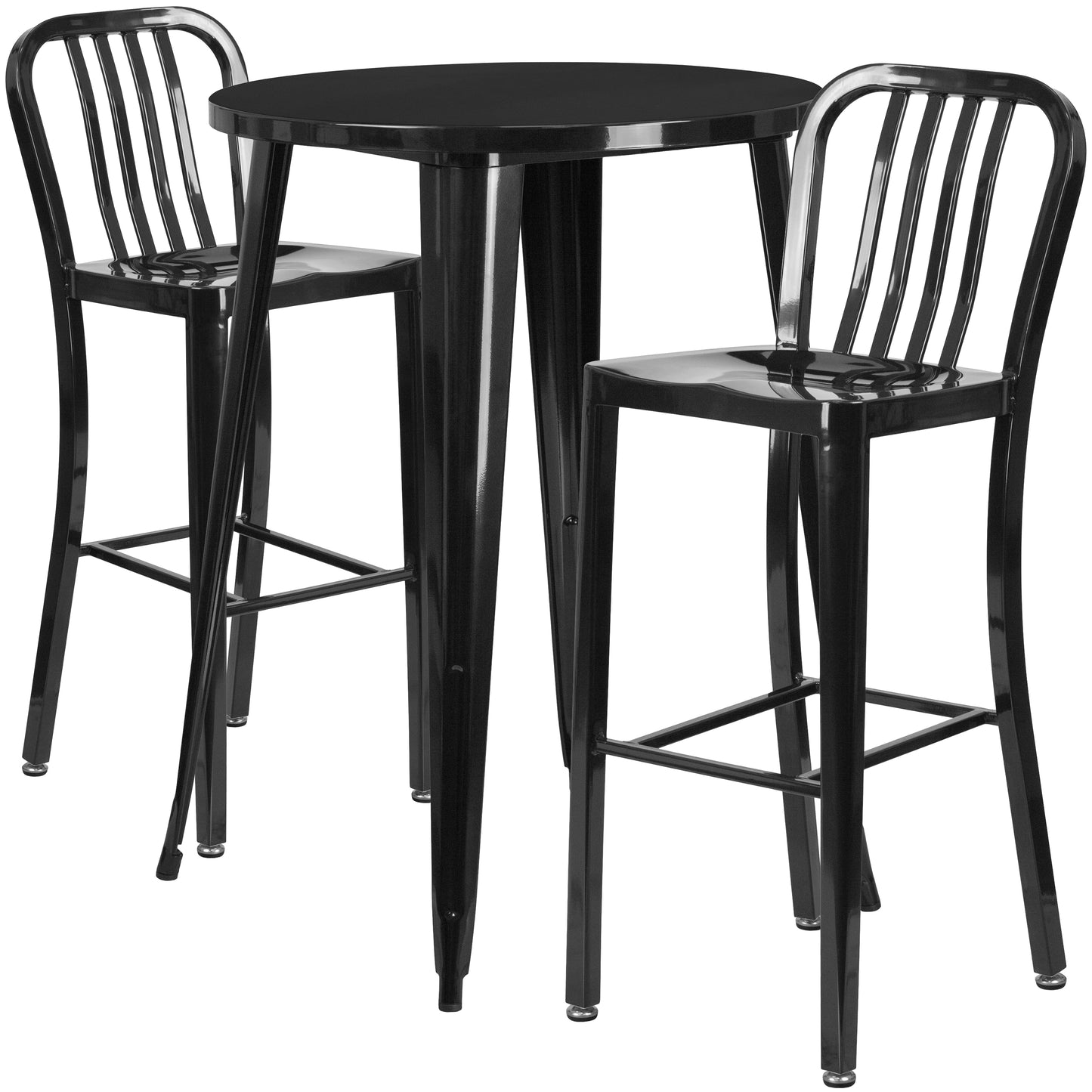 Brad Commercial Grade 30" Round Black Metal Indoor-Outdoor Bar Table Set with 2 Vertical Slat Back Stools Black