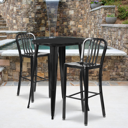 Brad Commercial Grade 30" Round Black Metal Indoor-Outdoor Bar Table Set with 2 Vertical Slat Back Stools Black CH-51090BH-2-30VRT-BK-GG