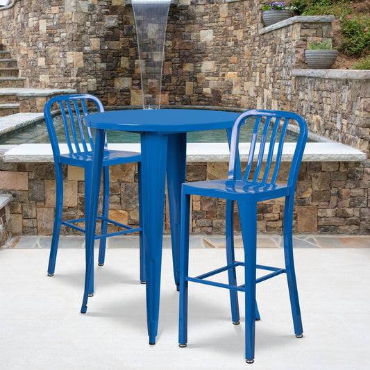 Brad Commercial Grade 30" Round Blue Metal Indoor-Outdoor Bar Table Set with 2 Vertical Slat Back Stools Blue CH-51090BH-2-30VRT-BL-GG