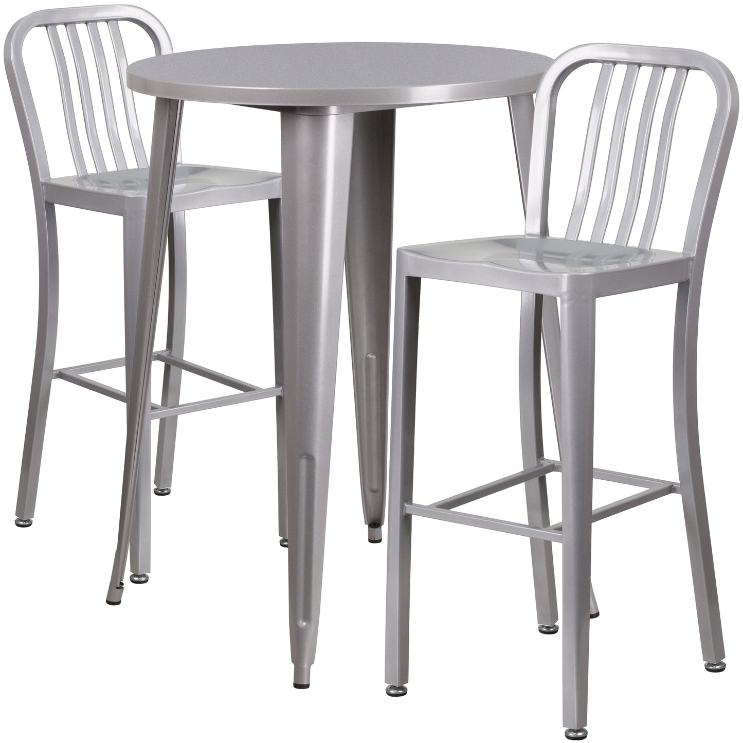 Brad Commercial Grade 30" Round Silver Metal Indoor-Outdoor Bar Table Set with 2 Vertical Slat Back Stools Silver CH-51090BH-2-30VRT-SIL-GG