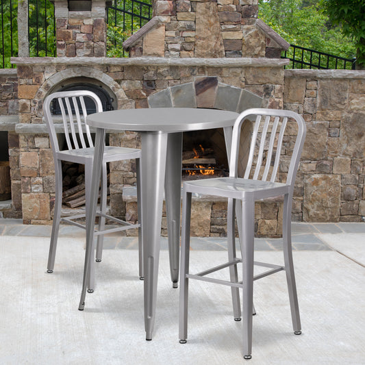 Brad Commercial Grade 30" Round Silver Metal Indoor-Outdoor Bar Table Set with 2 Vertical Slat Back Stools Silver CH-51090BH-2-30VRT-SIL-GG