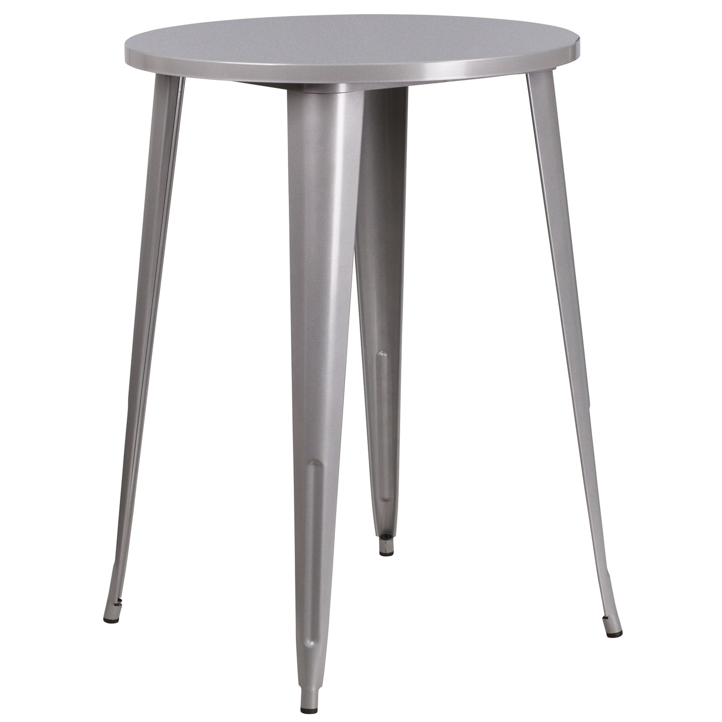 Brad Commercial Grade 30" Round Silver Metal Indoor-Outdoor Bar Table Set with 2 Vertical Slat Back Stools Silver CH-51090BH-2-30VRT-SIL-GG