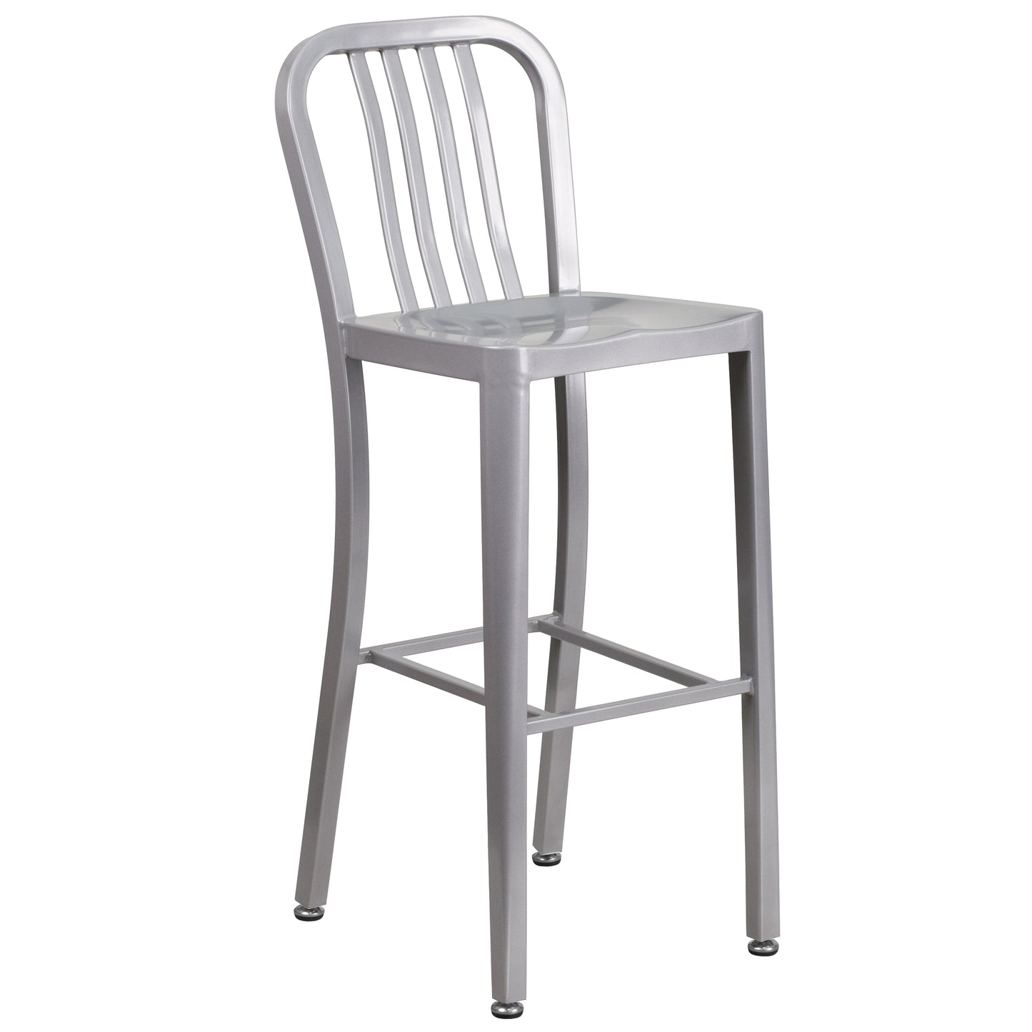 Brad Commercial Grade 30" Round Silver Metal Indoor-Outdoor Bar Table Set with 2 Vertical Slat Back Stools Silver CH-51090BH-2-30VRT-SIL-GG