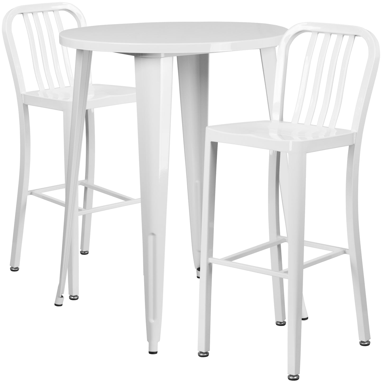 Brad Commercial Grade 30" Round White Metal Indoor-Outdoor Bar Table Set with 2 Vertical Slat Back Stools White