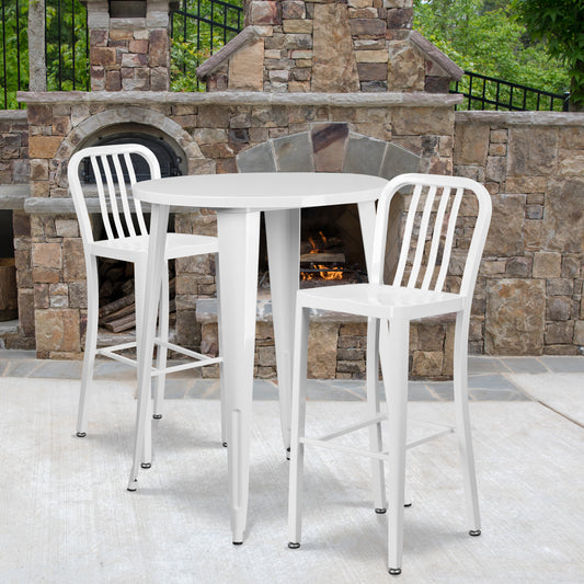Brad Commercial Grade 30" Round White Metal Indoor-Outdoor Bar Table Set with 2 Vertical Slat Back Stools White CH-51090BH-2-30VRT-WH-GG