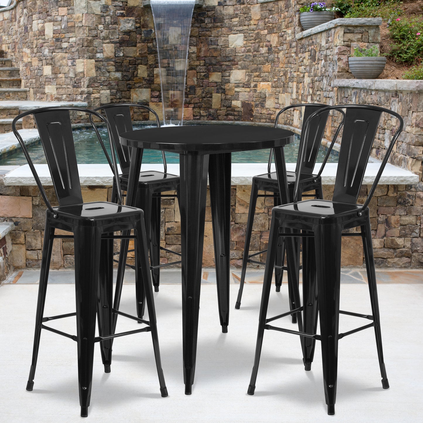 Callum Commercial Grade 30" Round Black Metal Indoor-Outdoor Bar Table Set with 4 Cafe Stools Black