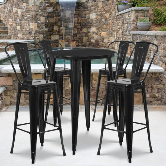 Callum Commercial Grade 30" Round Black Metal Indoor-Outdoor Bar Table Set with 4 Cafe Stools Black CH-51090BH-4-30CAFE-BK-GG