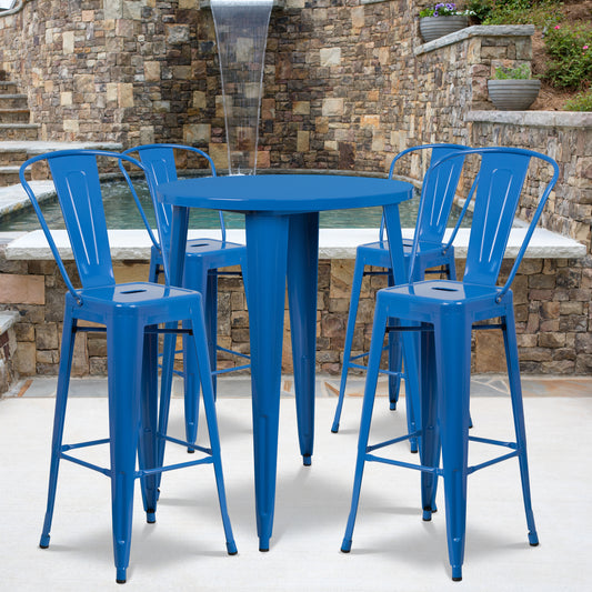 Callum Commercial Grade 30" Round Blue Metal Indoor-Outdoor Bar Table Set with 4 Cafe Stools Blue CH-51090BH-4-30CAFE-BL-GG