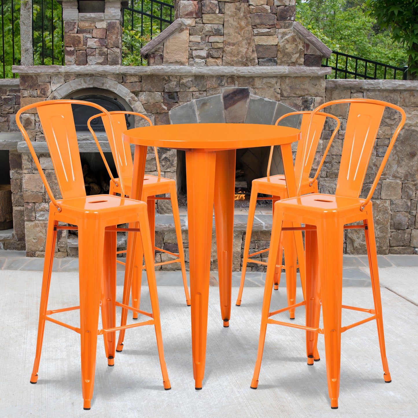 Callum Commercial Grade 30" Round Orange Metal Indoor-Outdoor Bar Table Set with 4 Cafe Stools Orange CH-51090BH-4-30CAFE-OR-GG