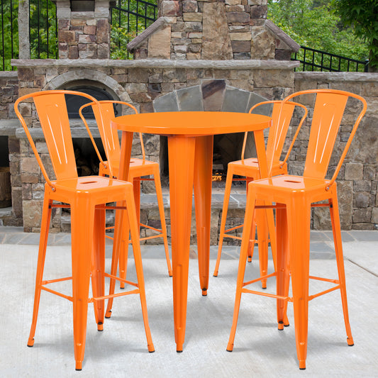 Callum Commercial Grade 30" Round Orange Metal Indoor-Outdoor Bar Table Set with 4 Cafe Stools Orange CH-51090BH-4-30CAFE-OR-GG