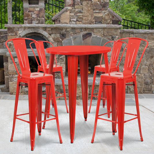Callum Commercial Grade 30" Round Red Metal Indoor-Outdoor Bar Table Set with 4 Cafe Stools Red CH-51090BH-4-30CAFE-RED-GG