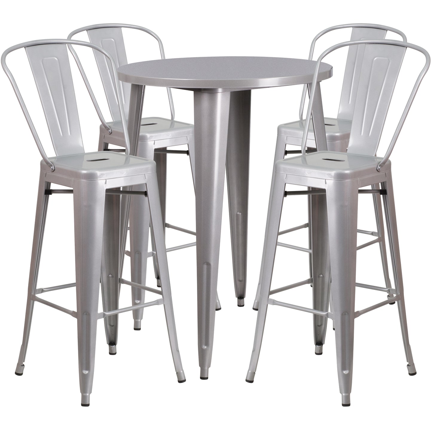 Callum Commercial Grade 30" Round Silver Metal Indoor-Outdoor Bar Table Set with 4 Cafe Stools Silver