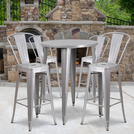Callum Commercial Grade 30" Round Silver Metal Indoor-Outdoor Bar Table Set with 4 Cafe Stools Silver CH-51090BH-4-30CAFE-SIL-GG
