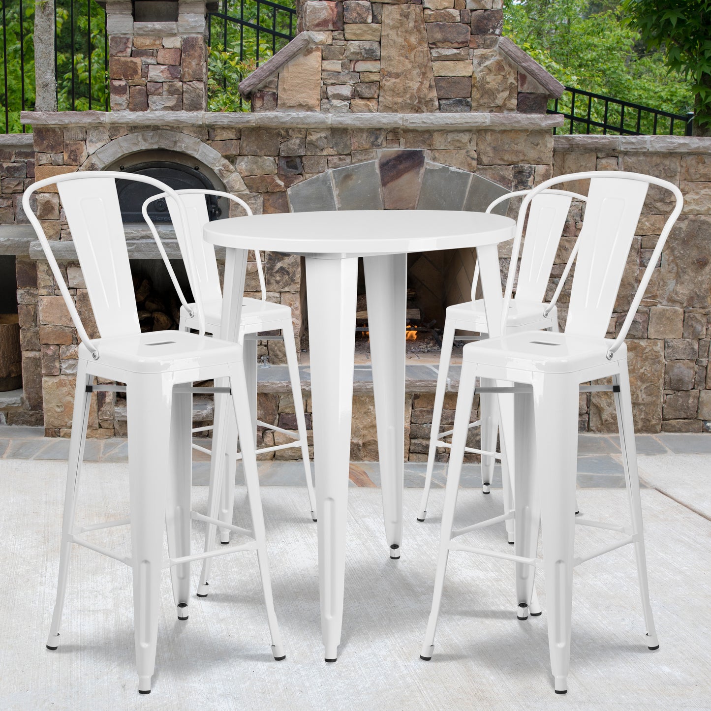 Callum Commercial Grade 30" Round White Metal Indoor-Outdoor Bar Table Set with 4 Cafe Stools White