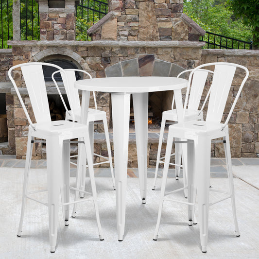 Callum Commercial Grade 30" Round White Metal Indoor-Outdoor Bar Table Set with 4 Cafe Stools White CH-51090BH-4-30CAFE-WH-GG