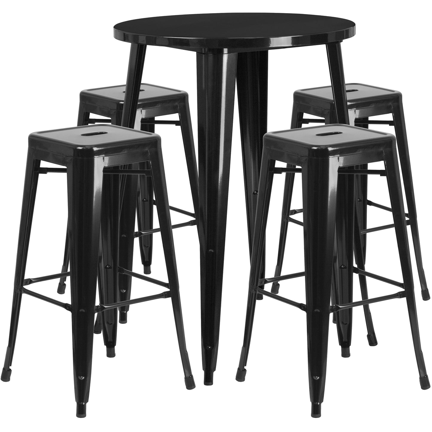 Coby Commercial Grade 30" Round Black Metal Indoor-Outdoor Bar Table Set with 4 Square Seat Backless Stools Black
